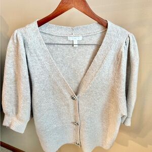 H&M Puff Sleeve Cardigan L Cream Cropped Button Front Knit Soft Feminine